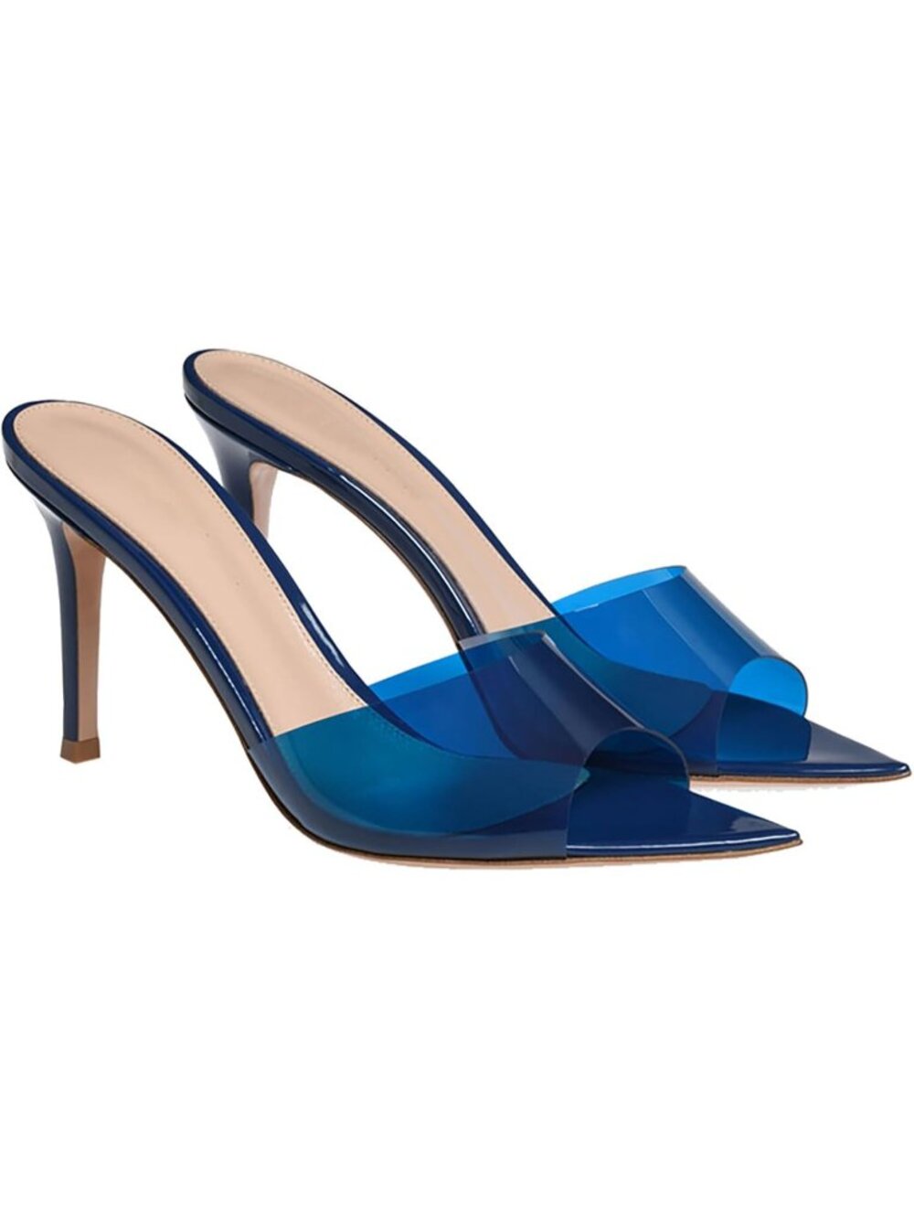 Women's Blue Clear Pointed Open Toe Stiletto Heel Slide Sandals Transparent